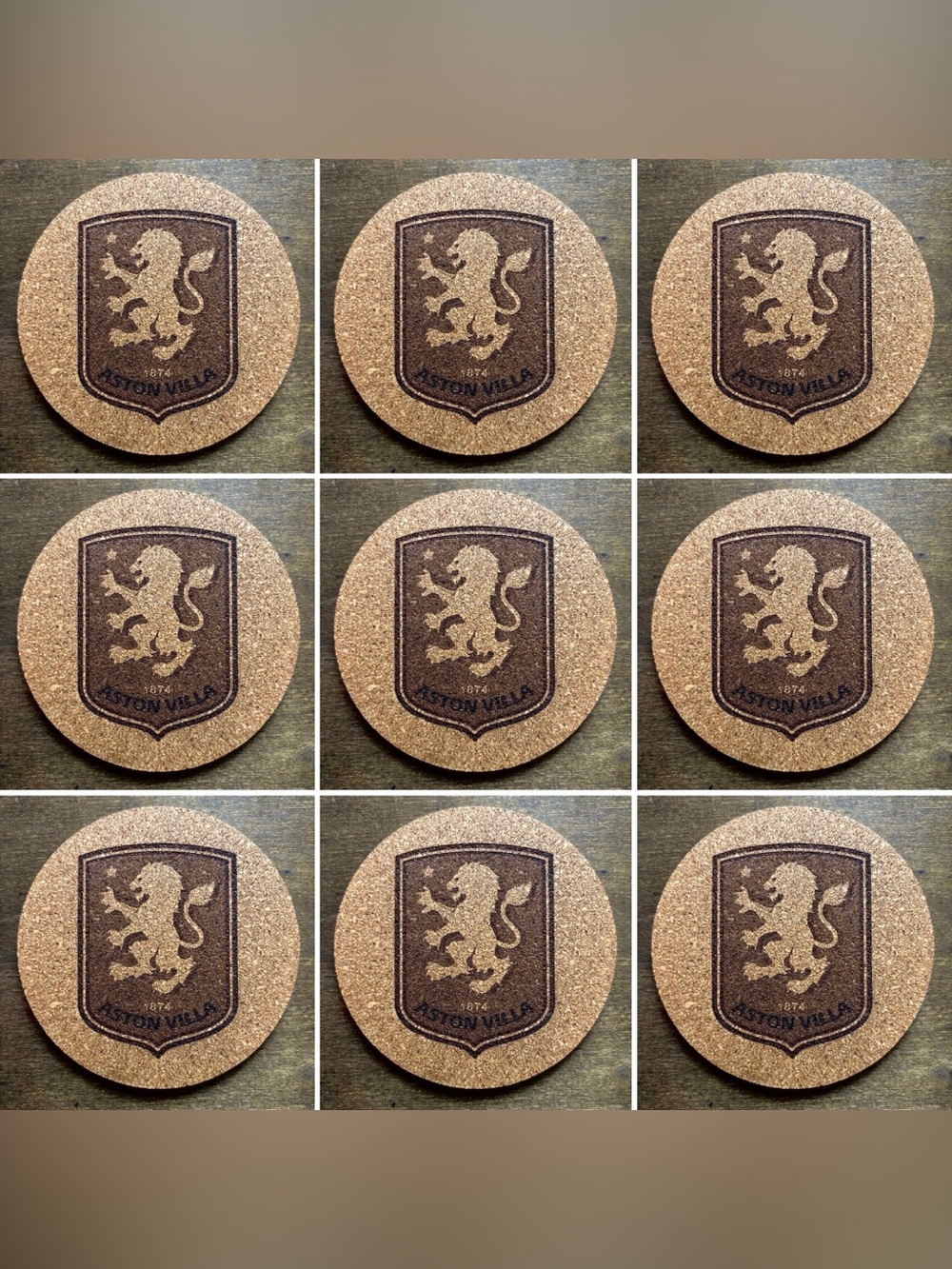 Aston Villa Logo Laser Engraved Cork Coasters Lot of 9